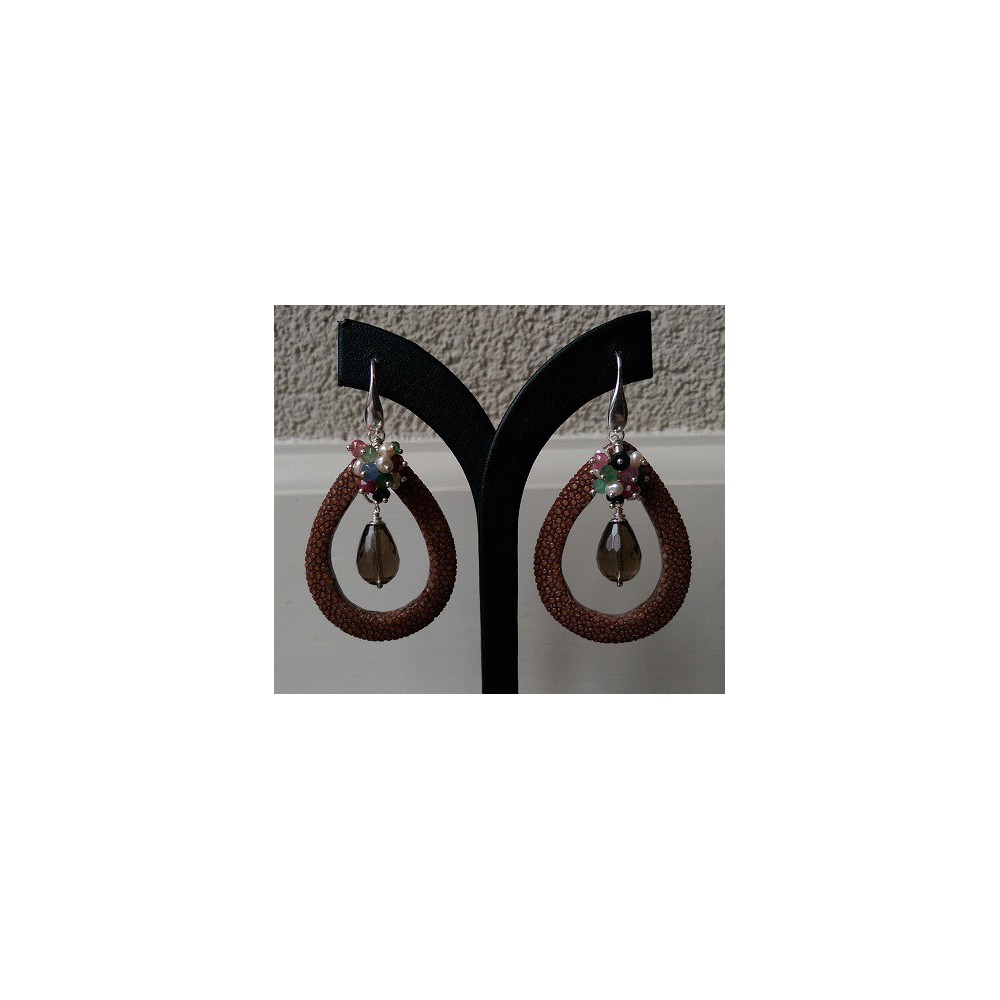 Silver earrings, Smokey Topaz briolet and brown Roggenleer