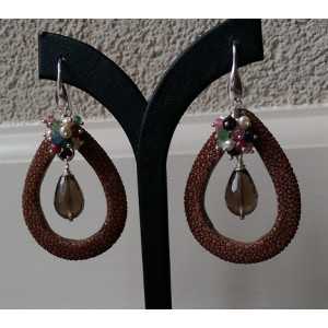 Silver earrings, Smokey Topaz briolet and brown Roggenleer