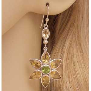 Silver long earrings flower set with Citrine and Peridot