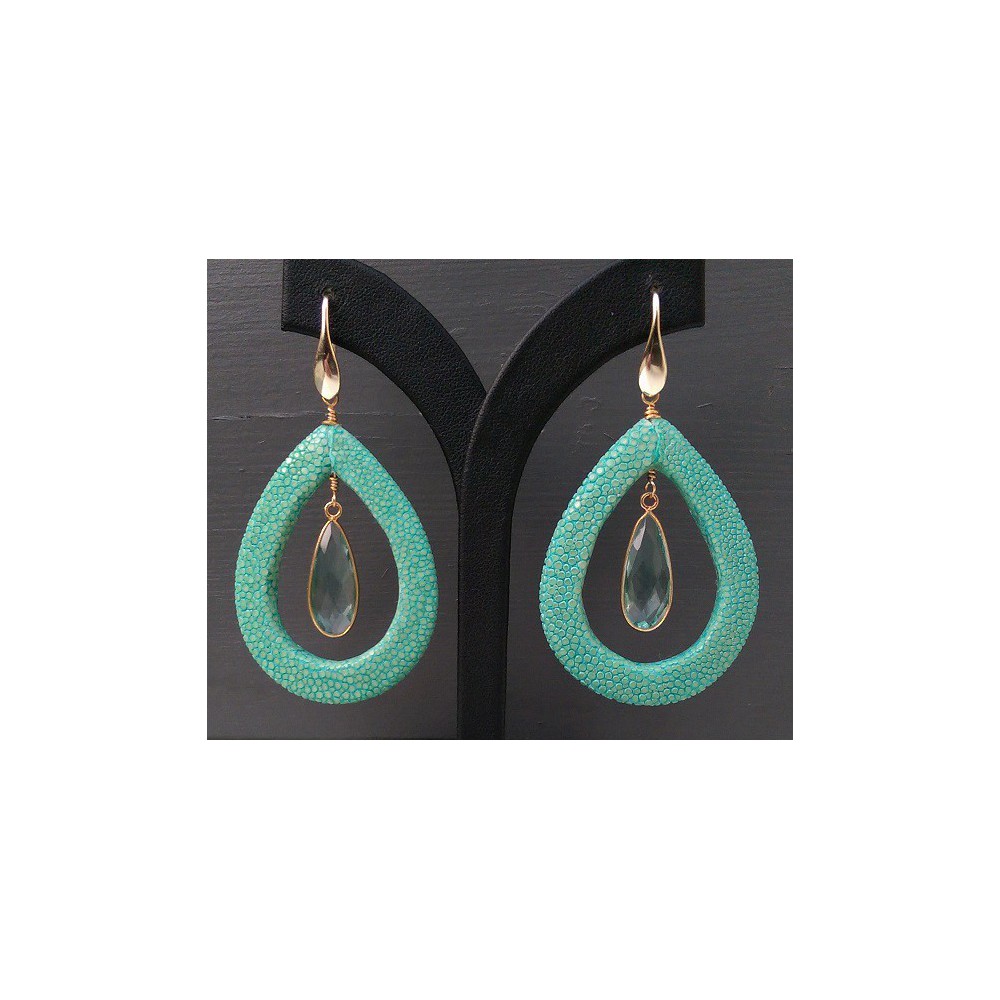 Vergulde oorbellen met aqua blauwe Kwarts en Roggenleer