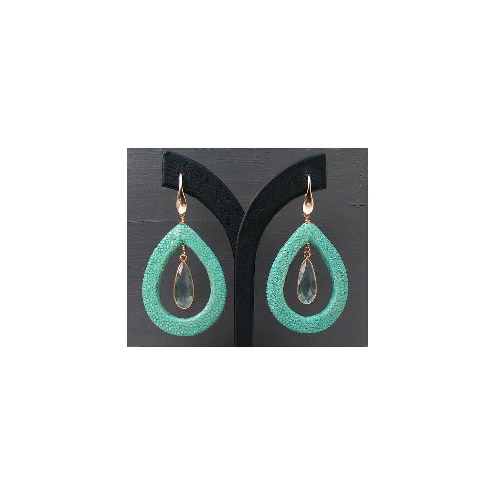 Vergulde oorbellen met aqua blauwe Kwarts en Roggenleer