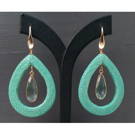 Vergulde oorbellen met aqua blauwe Kwarts en Roggenleer