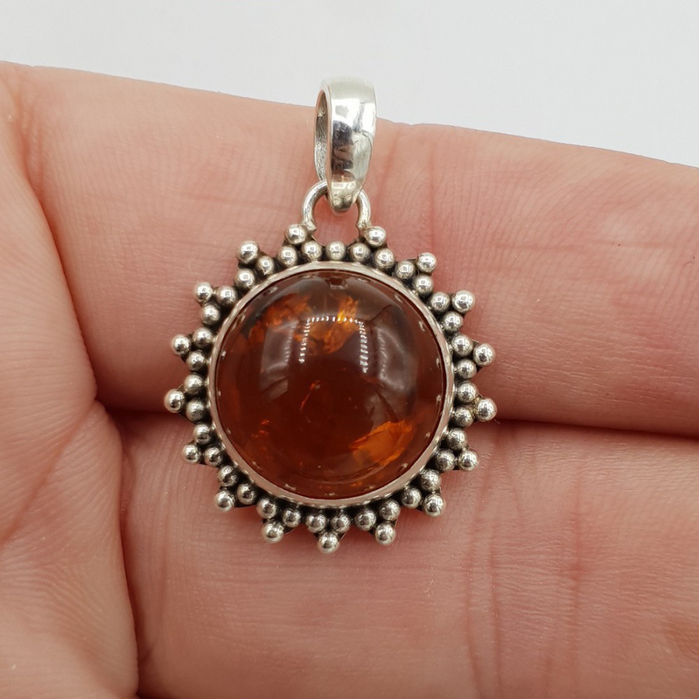 925 Sterling zilveren hanger met ronde Amber