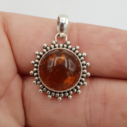 925 Sterling zilveren hanger met ronde Amber