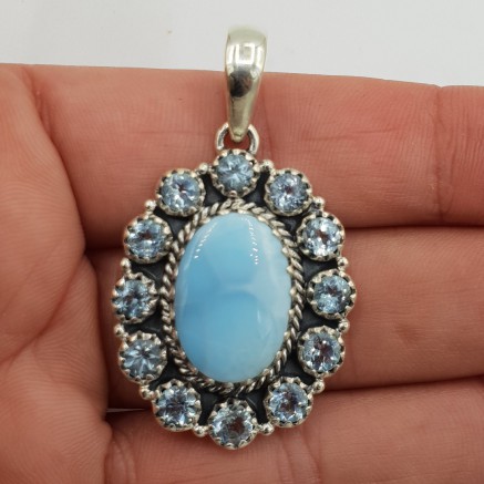 925 Zilveren hanger met larimar en blauw Topaas