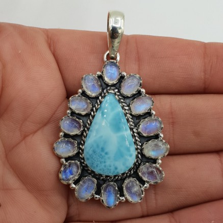 925 Zilveren hanger met larimar en regenboog Maansteen