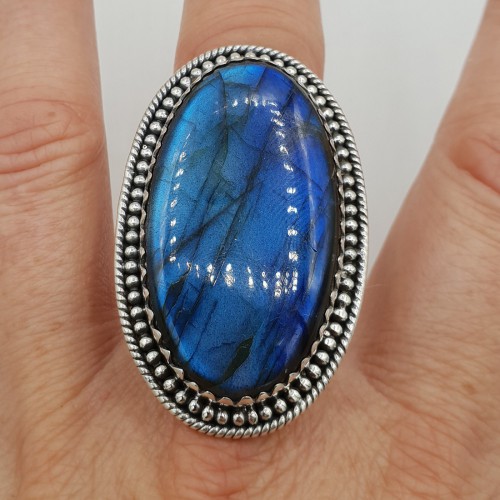 925 Sterling zilveren ring smalle ovale Labradoriet verstelbaar