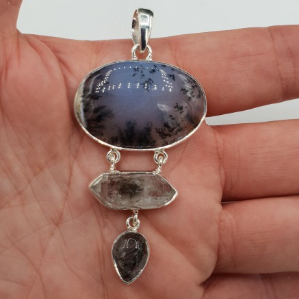 Zilveren hanger met Dendriet Opaal Herkimer diamant Toermalijnkwarts