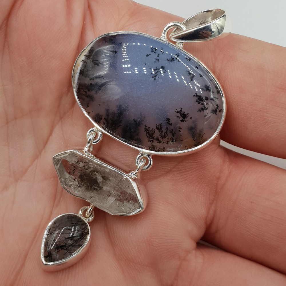 Zilveren hanger met Dendriet Opaal Herkimer diamant Toermalijnkwarts