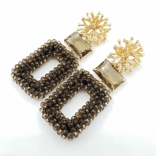 Vergulde oorbellen crystal en rechthoekige hanger van bruine kristallen