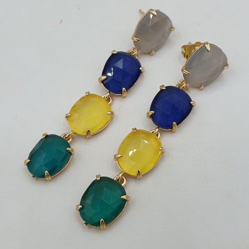 Vergulde lange oorbellen gezet met Kattenoog