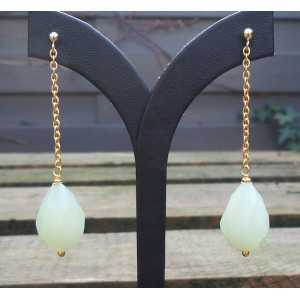 Gold plated long earrings with light green Jade briolet