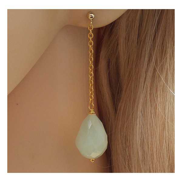 Gold plated long earrings with light green Jade briolet