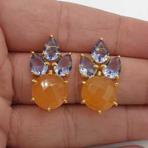 Goud vergulde oorbellen Tanzaniet quartz en oranje Chalcedoon