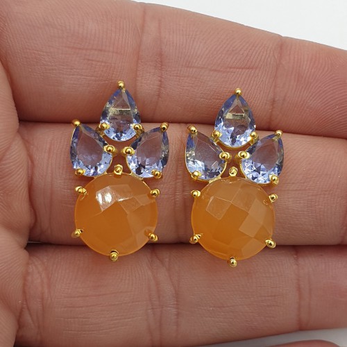 Vergulde oorbellen Tanzaniet quartz en oranje Chalcedoon