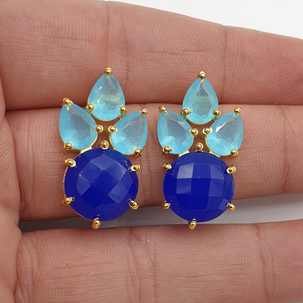 Goud vergulde oorbellen met aqua en blauw Chalcedoon