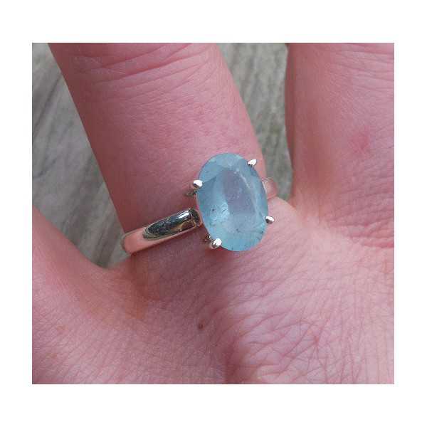 Silver ring set with oval facet Aquamarine 19 mm