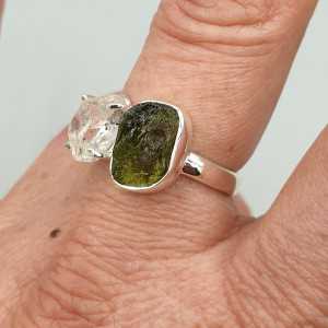 925 Sterling zilveren ring met Herkimer diamant en Moldaviet