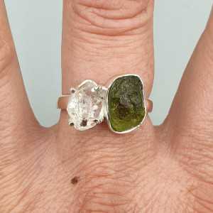 925 Sterling zilveren ring met Herkimer diamant en Moldaviet