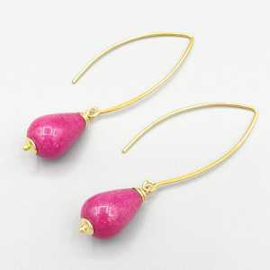 Goud vergulde oorbellen fuchsia roze Jade druppel