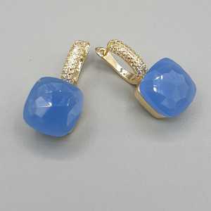Goud vergulde oorbellen vierkante blauwe crystal
