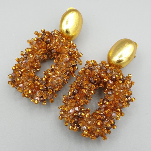 Vergulde oorbellen rechthoekige hanger mixed kristallen