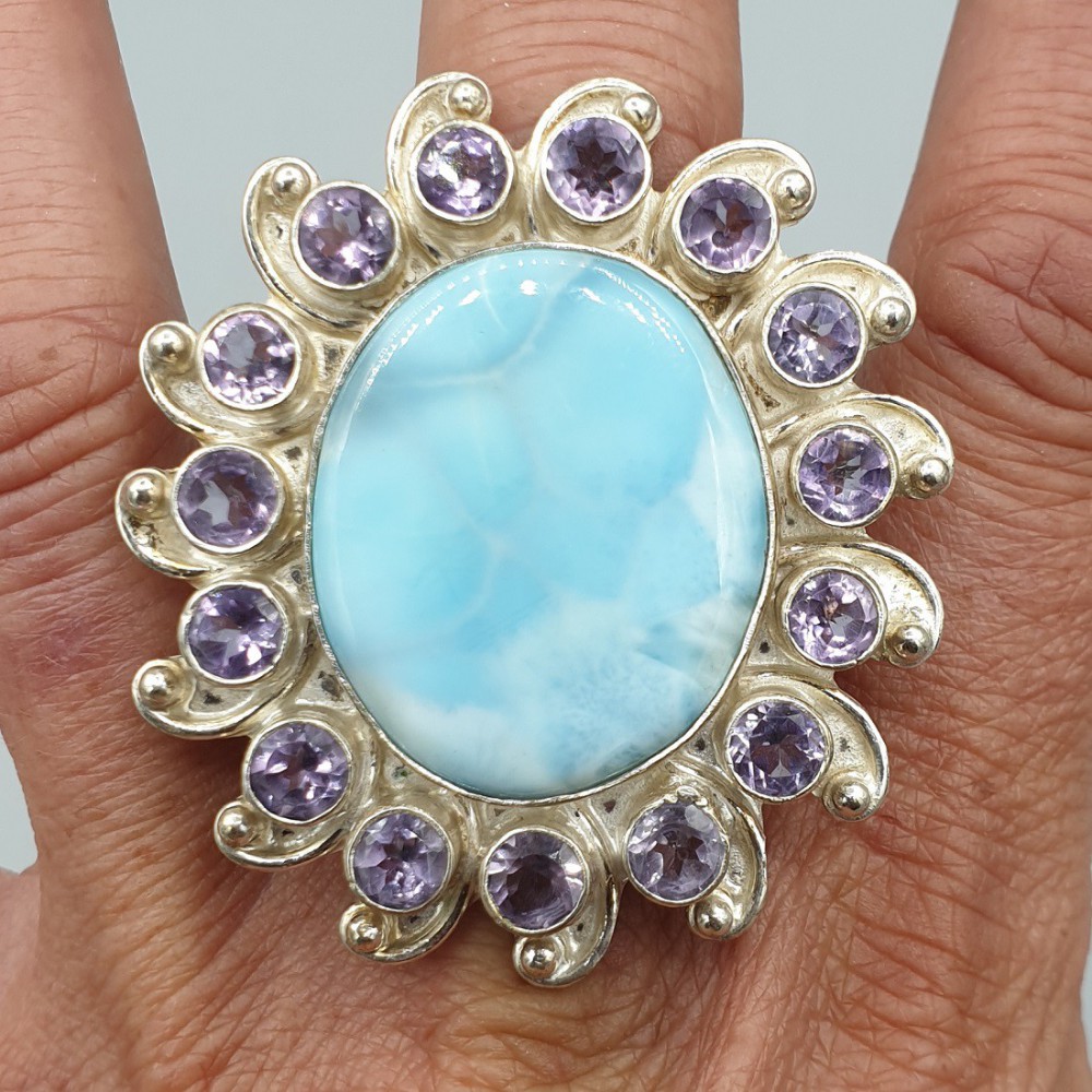 925 Sterling zilveren ring met Larimar en Amethist 19 mm