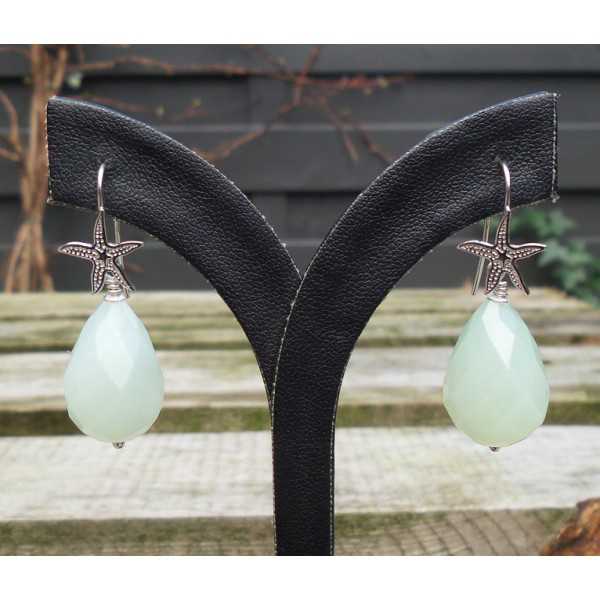 Gold plated earrings with light green Jade briolet