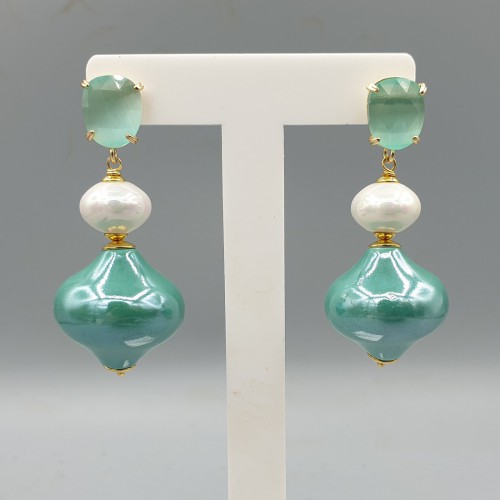 Vergulde oorbellen Kattenoog Keramiek en Parel