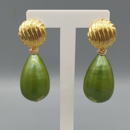 Vergulde oorbellen grote groene katoen Parel