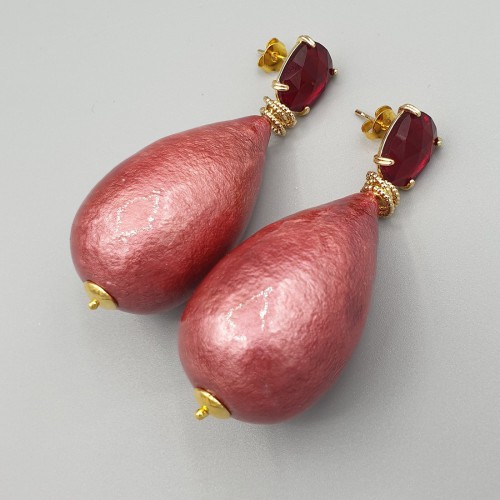 Vergulde oorbellen grote katoen Parel en Crystal