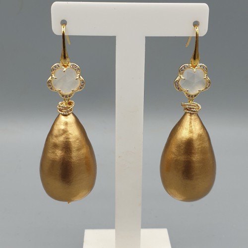 Vergulde oorbellen grote katoen Parel en witte Kattenoog