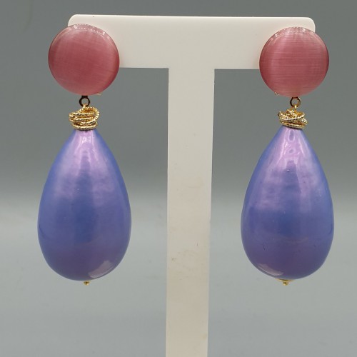 Vergulde oorbellen grote katoen Parel en roze Kattenoog