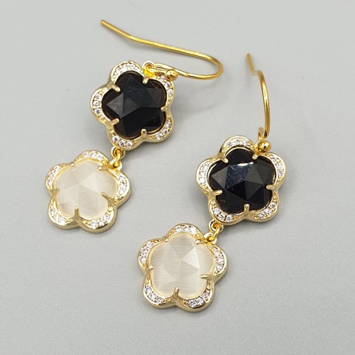 Vergulde oorbellen klavers witte Kattenoog en zwart Crystal