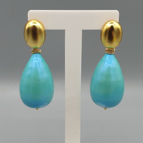 Vergulde oorbellen met grote mint groene katoen Parel