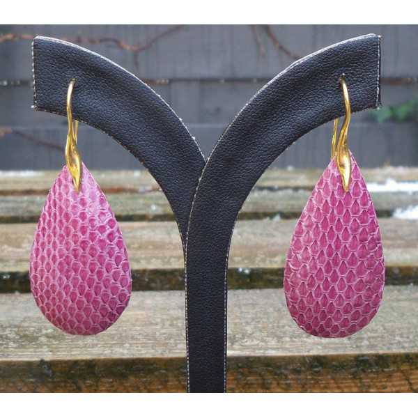 Gold plated earrings with drop of pink Snakeskin