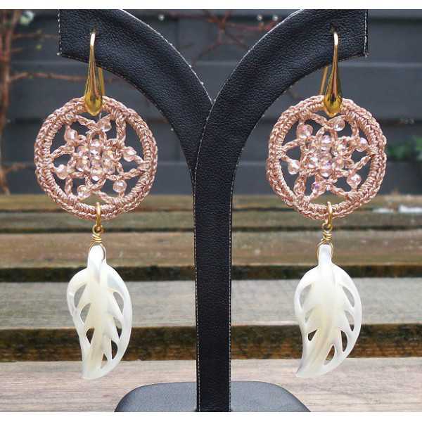 Gold plated earrings feather of mother of Pearl and ring of silk thread