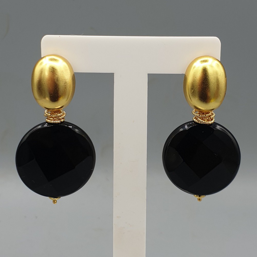 Goud vergulde oorbellen ronde zwarte facet Onyx