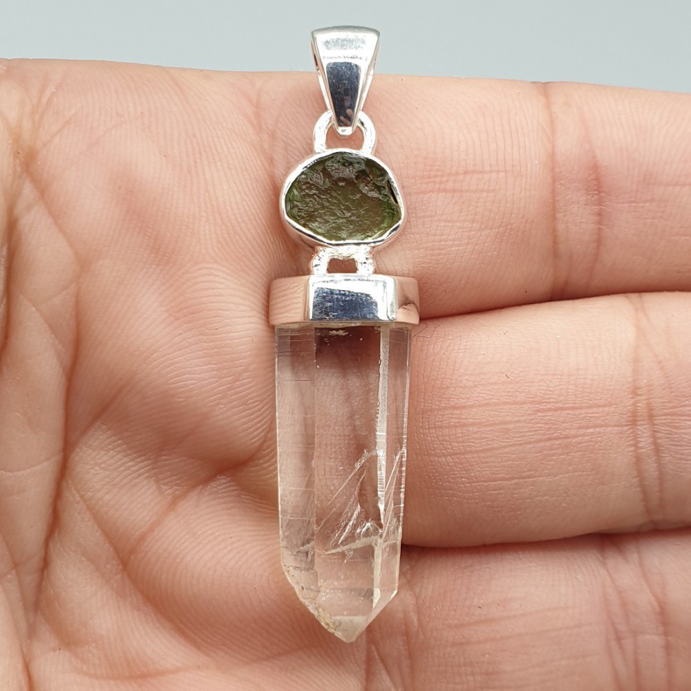 925 Sterling zilveren hanger met Lemurian quartz en Moldaviet