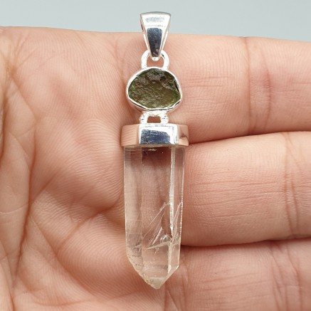 925 Sterling zilveren hanger met Lemurian quartz en Moldaviet