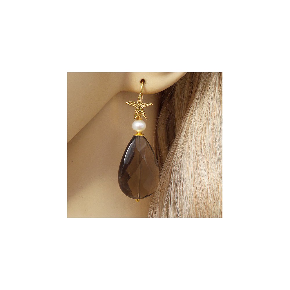 Gold plated earrings set with large Smokey Topaz brioet and Pearl 