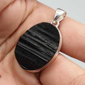 925 Sterling zilveren hanger ovale ruwe zwarte Toermalijn
