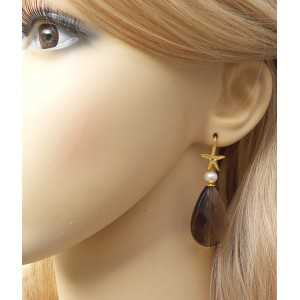 Gold plated earrings set with large Smokey Topaz brioet and Pearl 