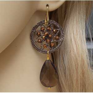 Gold plated earrings ring and silk thread, and large Smokey Topaz 