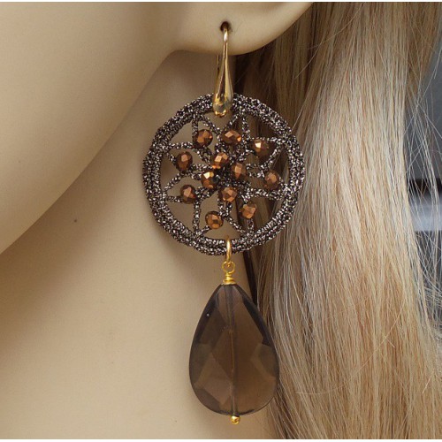 Vergoldete Ohrringe ring und silk thread, und große Smokey Topaz 