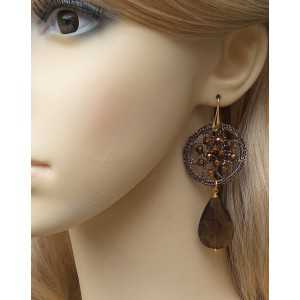 Gold plated earrings ring and silk thread, and large Smokey Topaz 