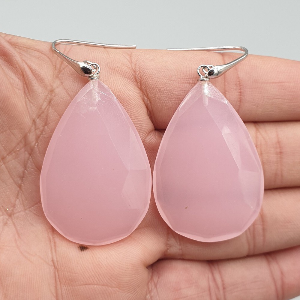 925 Sterling zilveren oorbellen grote roze Chalcedoon