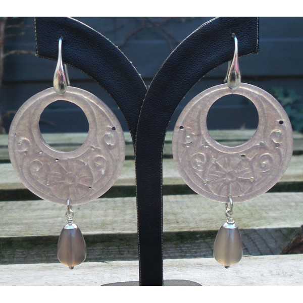 Silver earrings with carved Jade and grey Agate
