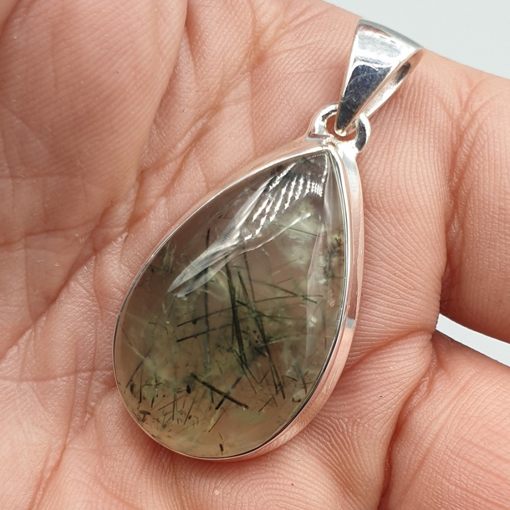 925 Sterling zilveren hanger zwarte Toermalijn in Prehniet