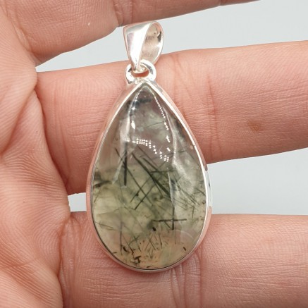 925 Sterling zilveren hanger zwarte Toermalijn in Prehniet